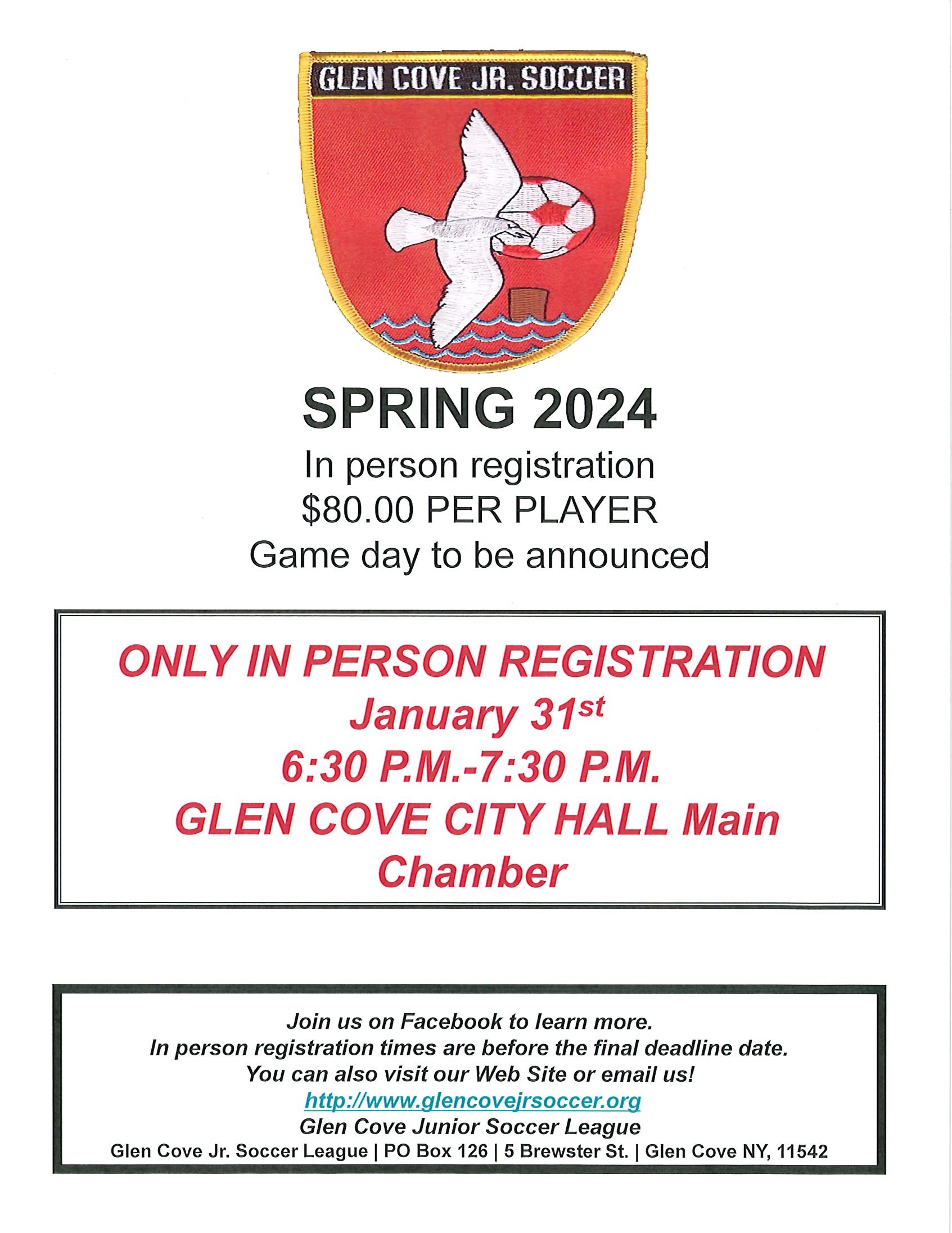 Please Note Glen Cove Jr Soccer In Person Registration Is Wednesday January 31st In Main 